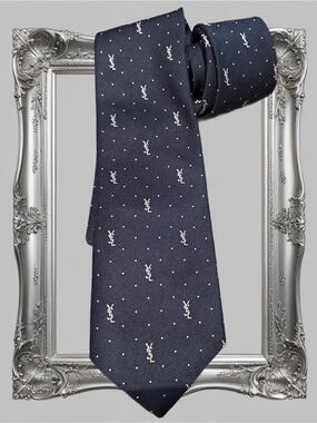 Vintage Yves Saint Laurent Navy Blue Tie with White Logo Dots ( read)